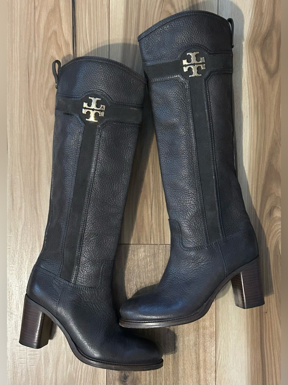 Tory Burch Alaina Pebbled Leather Tall Heeled Riding Boots with Logo Size 9.5